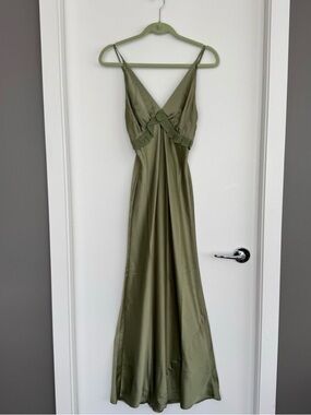 Reformation Madrigal Satin Dress Green Ruched Maxi
